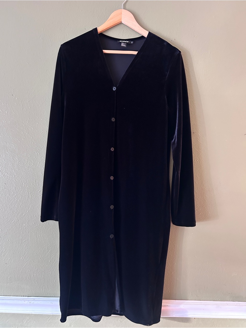 DKNY Black Velvet Button-Front Long Sleeve Dress Whimsigoth Witchy 90s Style